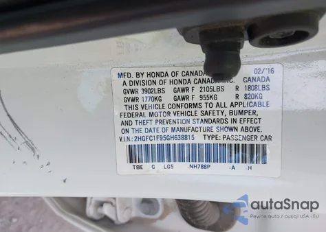 2016 Honda Civic Touring from USA, damaged, VIN 2HGFC1F95GH638815